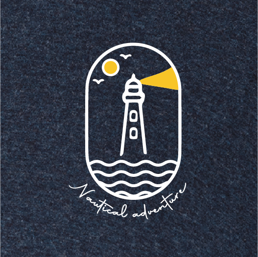 T-shirt with a logo of a lighthouse next to the ocean shining in the dark as a symbol for surfers, sailors and watersporters