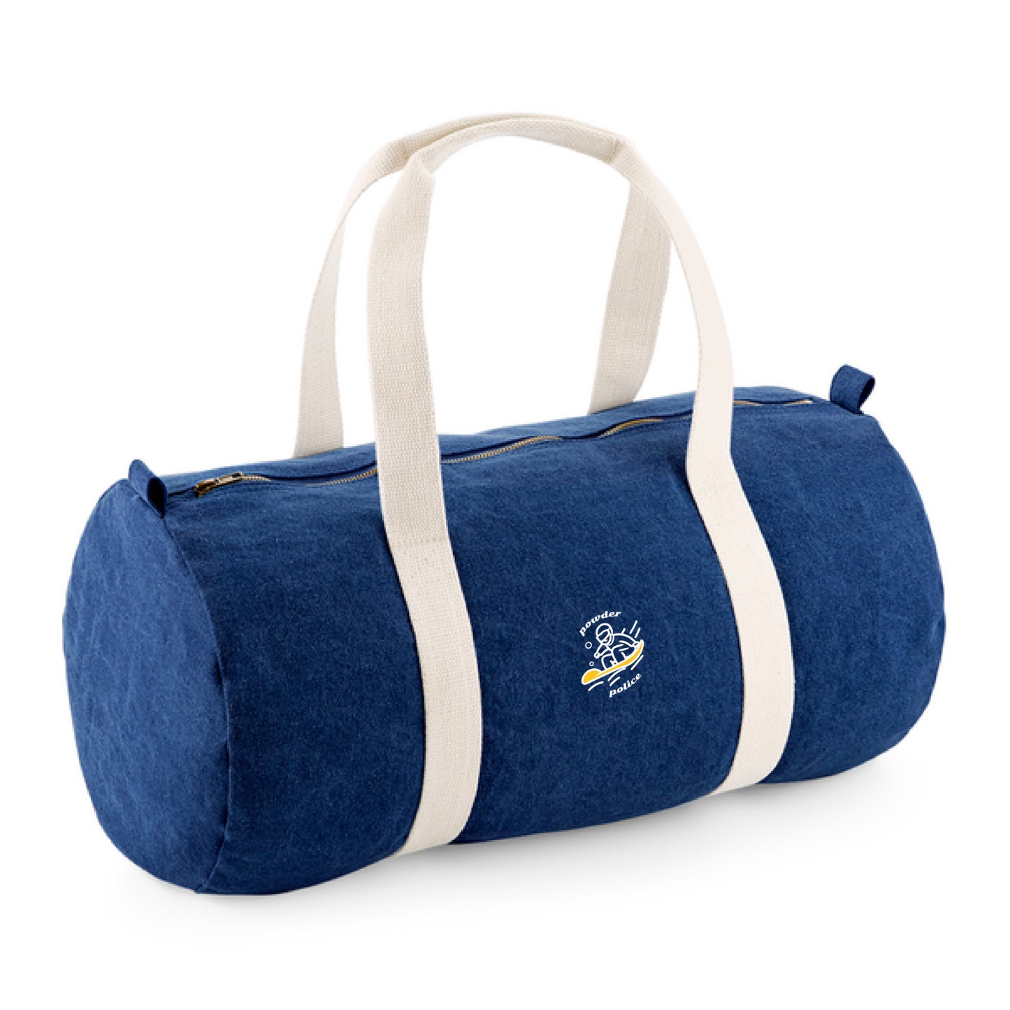 A travel bag or weekend tote featuring an illustration of a snowboarder cruising down powdery snow