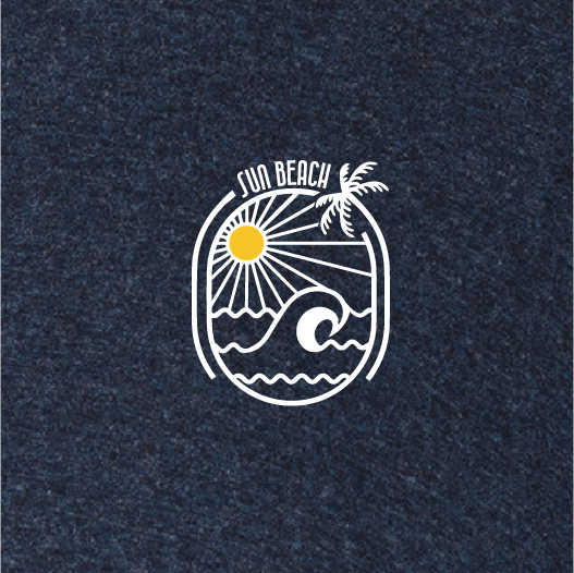 T-shirt with a Logo of a wild ocean with a palmtree swaying in the wind under a reflecting sun the perfect paradise for surfers and sailors who like big waves