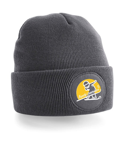 Beanie of muts met Abstract logo van een coole freeride snowboarder met het zonnetje op de achtergrond